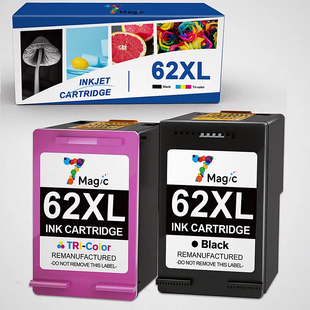 2 Pack Refilled Black Color Ink Cartridge 62XL 62-XL for HP ENVY 5540 5643 5542