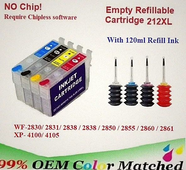 212 212XL Refillable Ink Cartridge No Chip for WF-2830 WF-2850 XP-4100 XP-4105