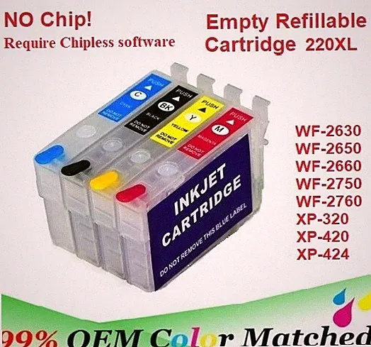 220 220XL Alternative No Chip Refillable Ink Cartridge for Epson WF-2750 WF-2760